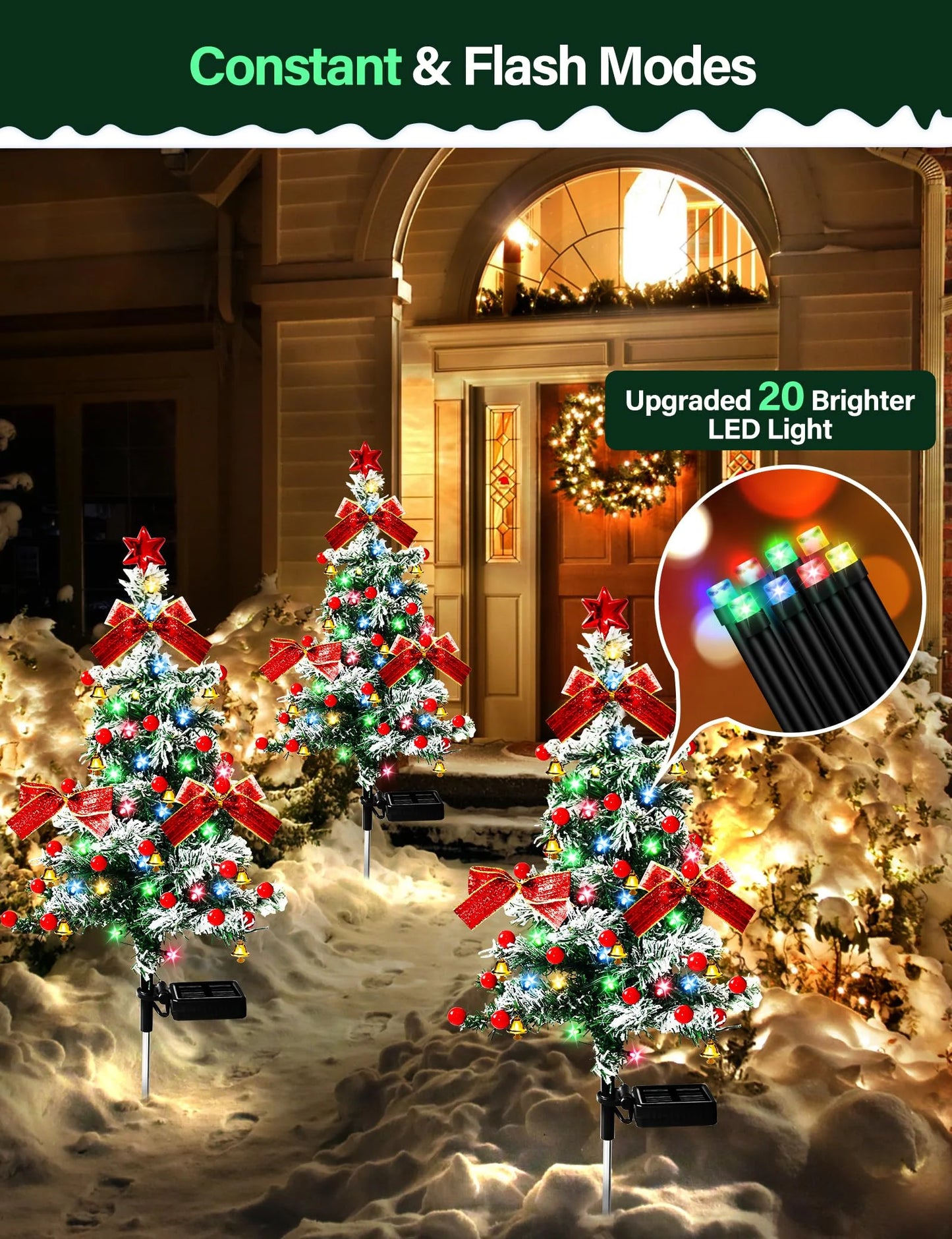 2PCS Solar Christmas Trees Lights Outdoor Decor Waterproof, 40LED Small Metal Xmas Tree Pathway Lights, Garden Stake Lights Yard Decor with Snow 2 Modes for Path Lawn Patio