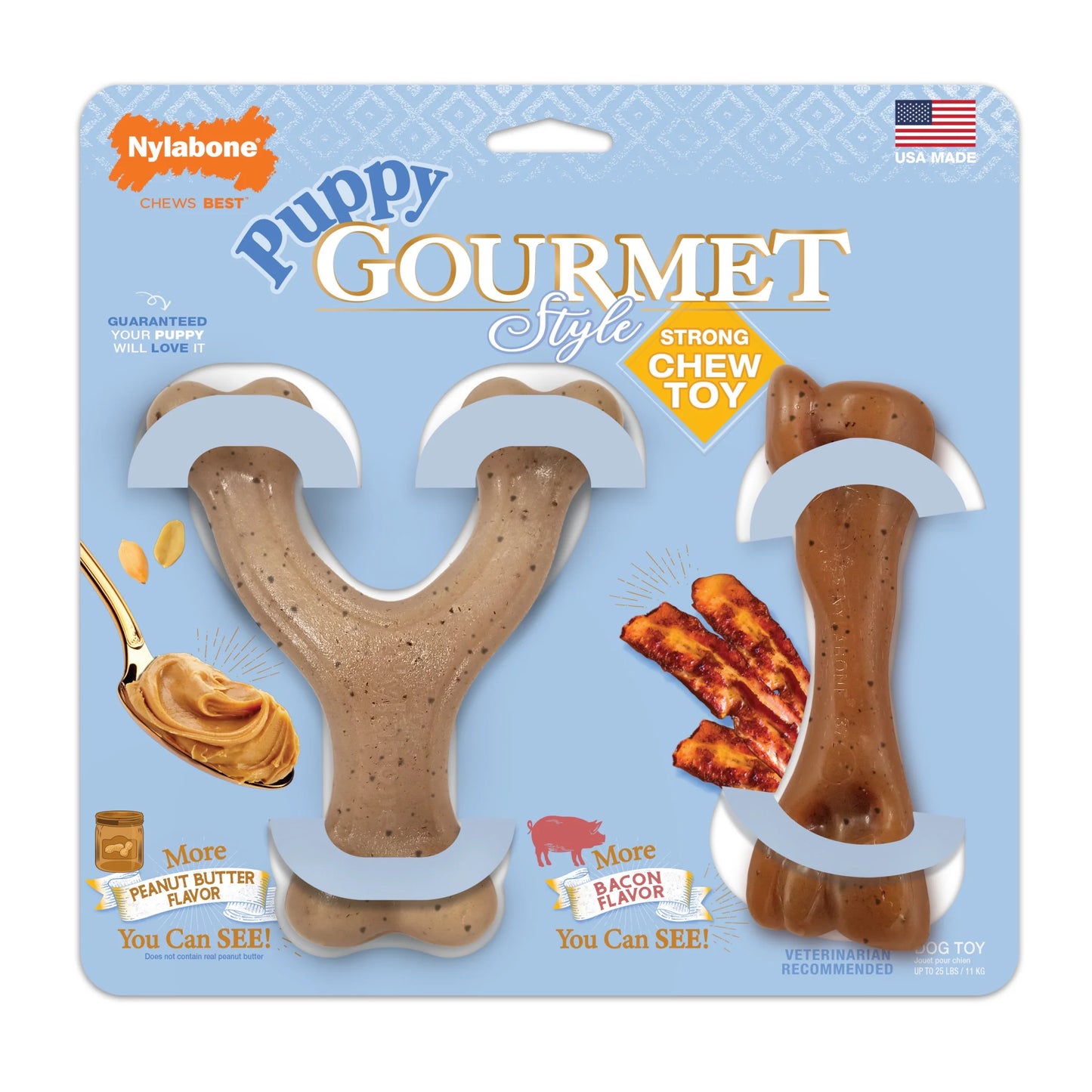 Strong Chew Gourmet Style Wishbone & Femur Bone Puppy Chew Toys Peanut Butter & Bacon Small (2 Count)