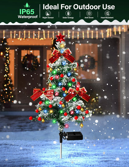 2PCS Solar Christmas Trees Lights Outdoor Decor Waterproof, 40LED Small Metal Xmas Tree Pathway Lights, Garden Stake Lights Yard Decor with Snow 2 Modes for Path Lawn Patio