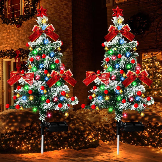2PCS Solar Christmas Trees Lights Outdoor Decor Waterproof, 40LED Small Metal Xmas Tree Pathway Lights, Garden Stake Lights Yard Decor with Snow 2 Modes for Path Lawn Patio