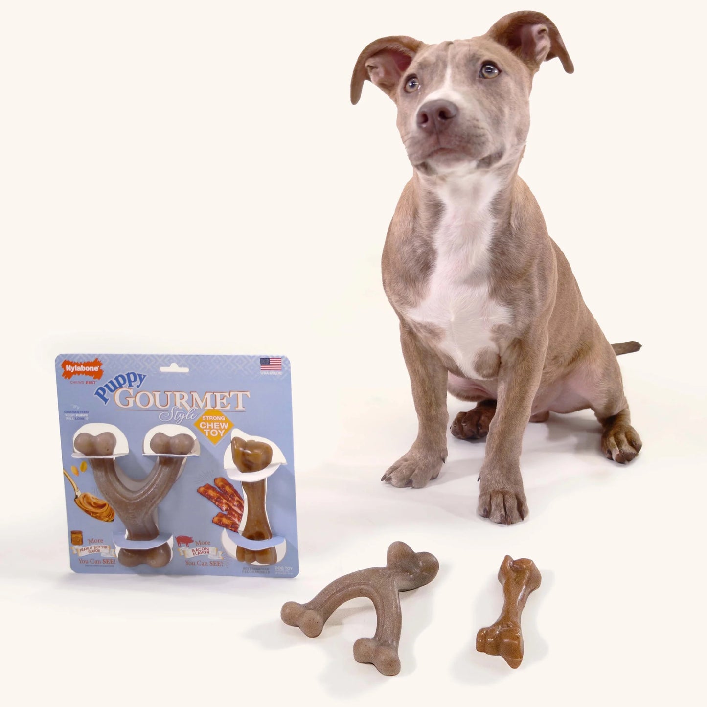 Strong Chew Gourmet Style Wishbone & Femur Bone Puppy Chew Toys Peanut Butter & Bacon Small (2 Count)