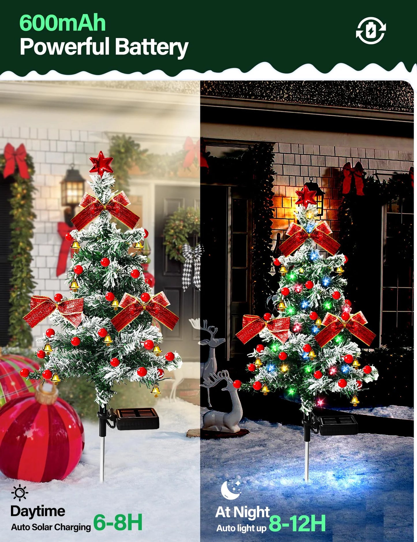 2PCS Solar Christmas Trees Lights Outdoor Decor Waterproof, 40LED Small Metal Xmas Tree Pathway Lights, Garden Stake Lights Yard Decor with Snow 2 Modes for Path Lawn Patio